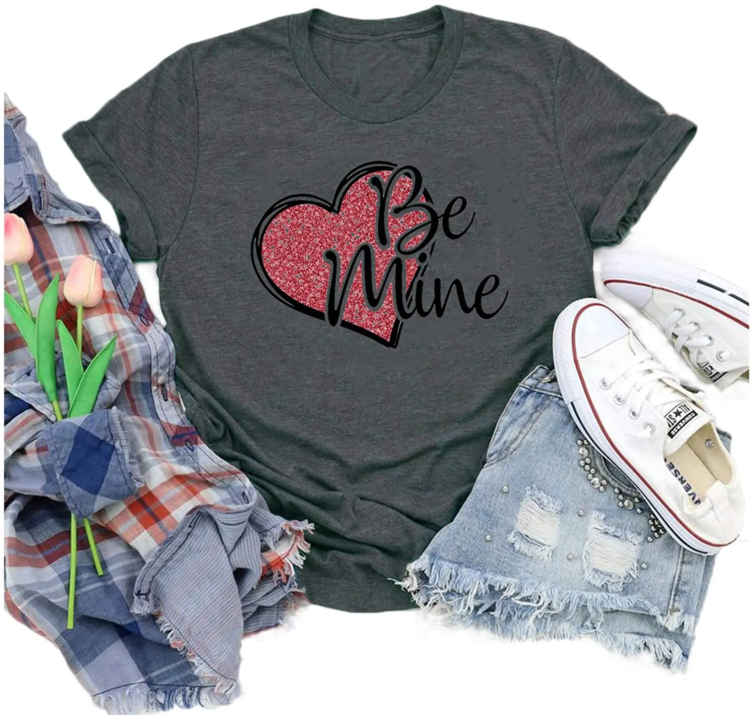 

Valentine's Day Plaid Splicing Love Heart Womens T-Shirt Funny Saying Hugs and Kisses Shirts Short Sleeve Tops Blouse