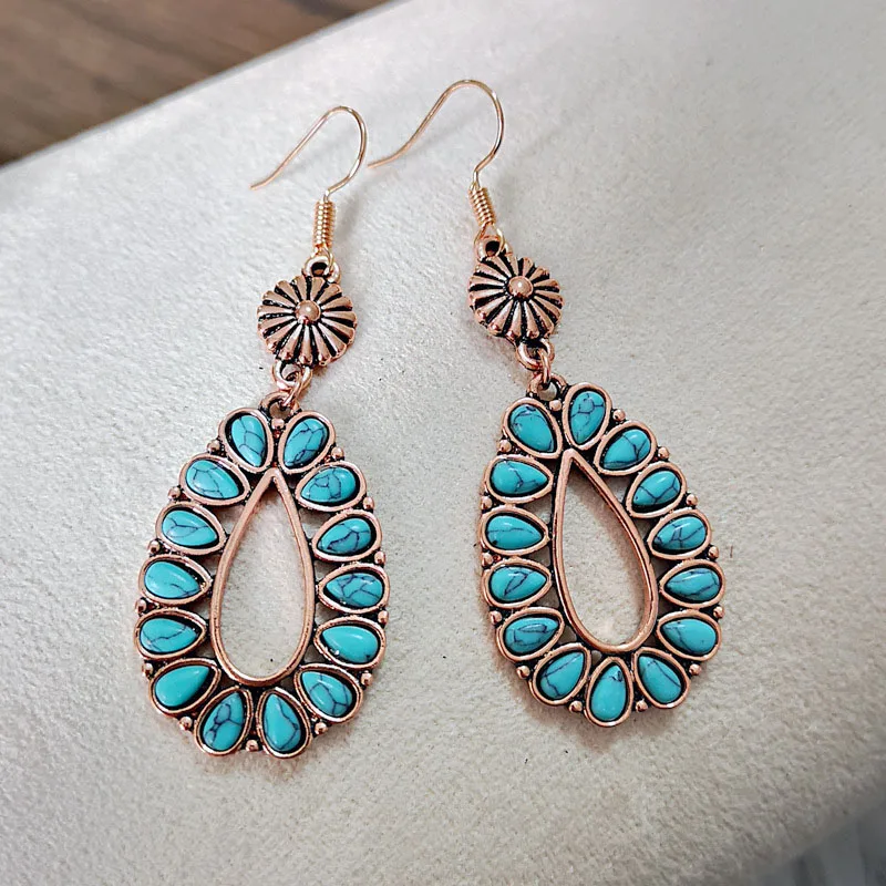

Bohemian Droplets Blue Gem Stone Dangle Earrings Pendientes Mujer Vintage Hollow Out Water Drop Beads Earrings Brincos Z4D301