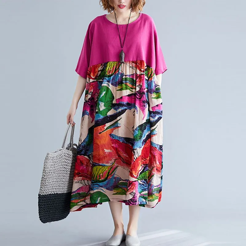 

Women Cotton Linen Casual Dress New 2021 Summer Vintage Style Patchwork Color Loose Female Print Long Dress S3303