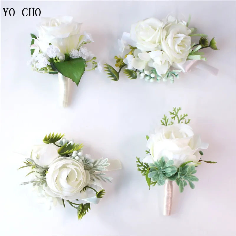 

YO CHO Bridesmaid Wrist Corsage White Wedding Bracelet Rose Flower Groom Boutonniere Wedding Corsage Flower Mariage Accessories