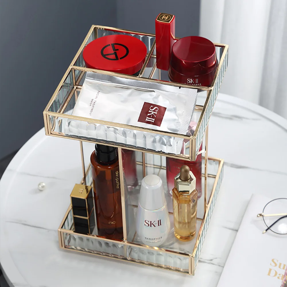 

1Pc 360 Rotating Display Stand Double Layers Makeup Storage Rack (Golden)
