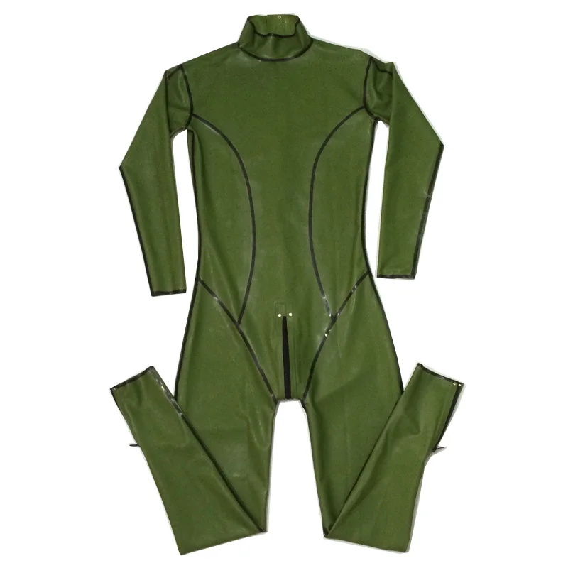 

Green and Black Trims Rubber Latex Men Catsuit Uniform Bodysuit with Two Short Ankle Zippers Handmade S-LCM060