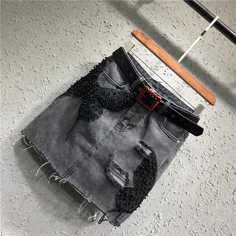 

2021 Summer New Fashion Women Beading Denim Skirt Tassel Butterfly Emboridery Slim Fit Wrap A-line Jeans Skirt High Waist Mini