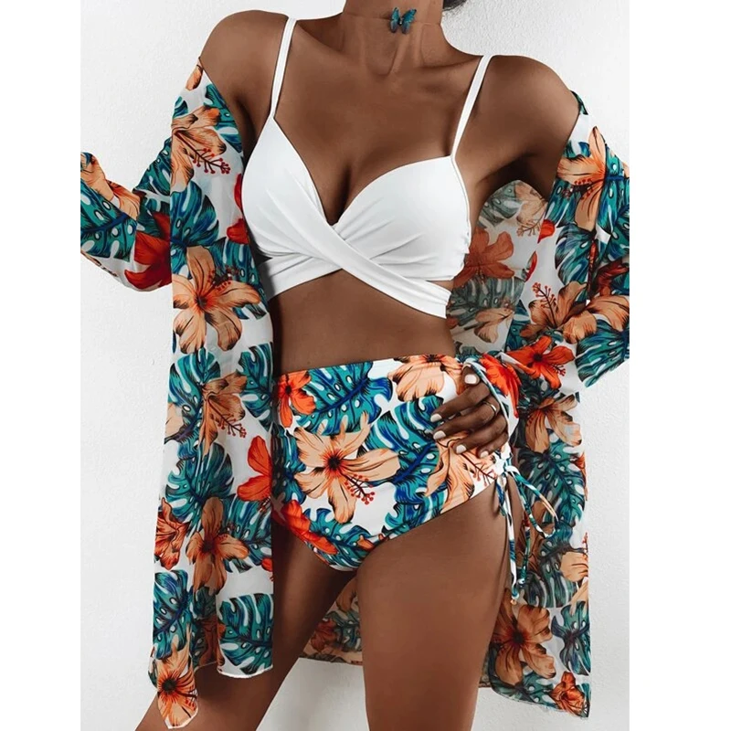 

Floral Ruffled Hem Bikini Set Women Flora V-neck High-waisted 3 Piece Swimsuit 2021 Girl Beach Bathing Suit Swimwear A1-EF0001