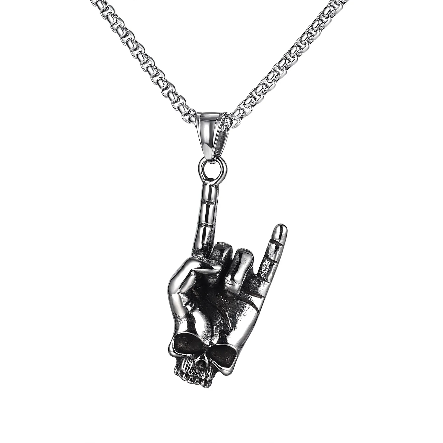 

European and American Atreet Rock Love You Gesture Titanium Steel Necklace Trendy Fashion Personality Skull Pendant