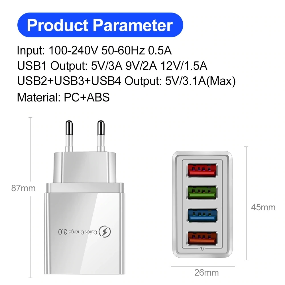 

EU/US Plug 4 USB Port Charger Colorful Charger Travel Charging Head USB Quick 3.0 For Tablet Mobile Phone Charger Phone Adapte