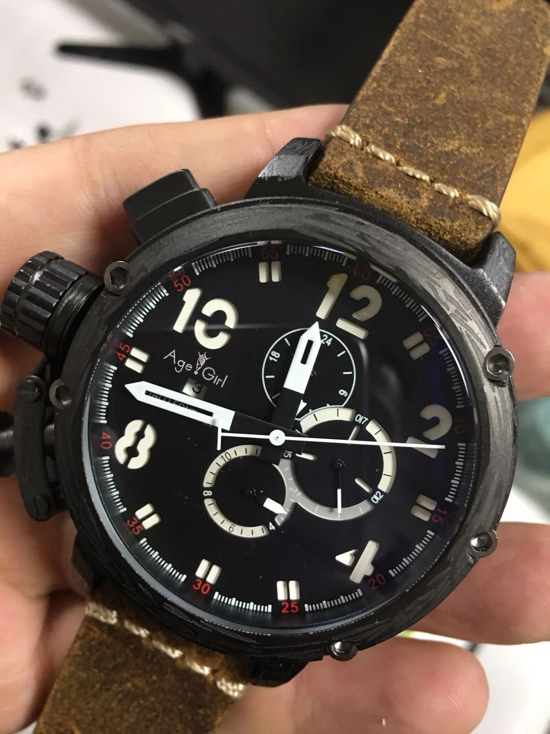 

New Automatic Mechanical Mens U CHRONOMETER U1001 Watch U-51 Chimera Silver Aged Brown Cow Leather Boat Watch Black Gold