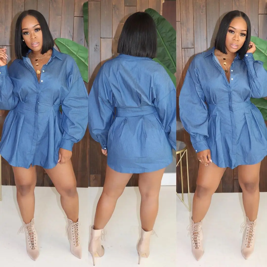 

Blue Denim Shirt Dress Autumn Long Sleeve Button Vintage Vestidos Elegant Jeans Streetwear Sexy Casual Vestidos New