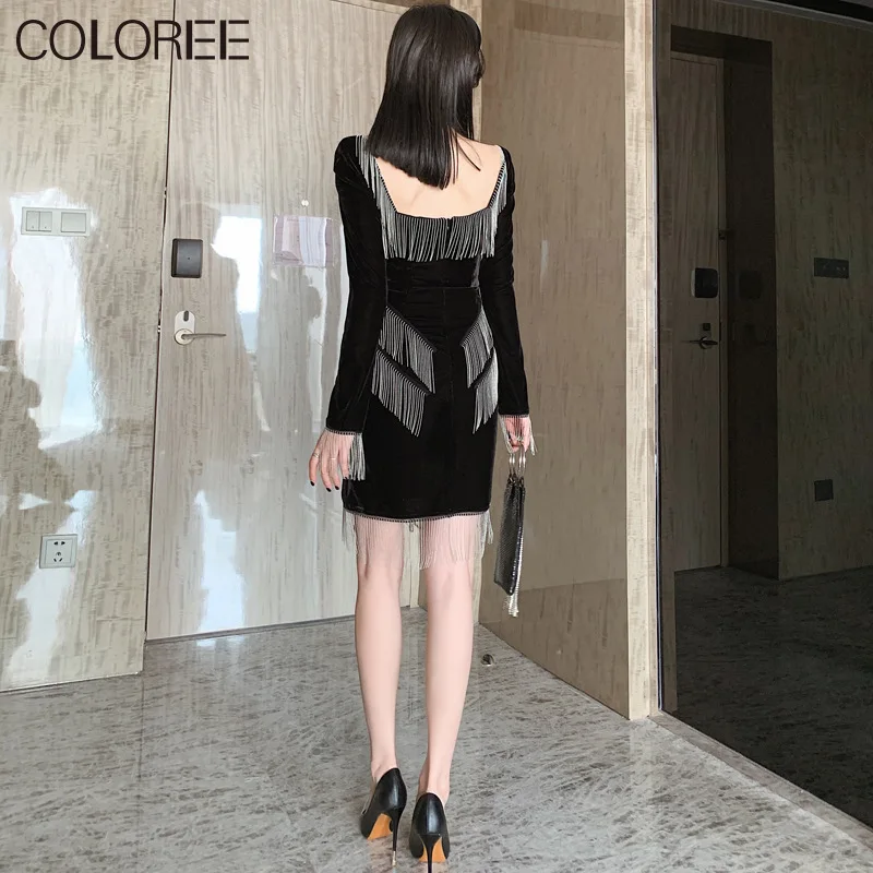 

Sexy Sequined Strapless Mini Dresses For Women Party 2020 Autumn Winter Vintage Long Sleeve Black Velvet Dress vestidos