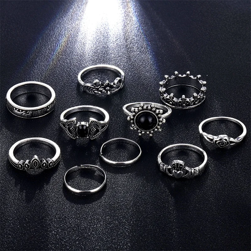 10Pc /Set Openwork Flower Elephant Crown Peach Heart Round Gem Adjustable Women Silver Color Rings Fashion Jewelry | Украшения и