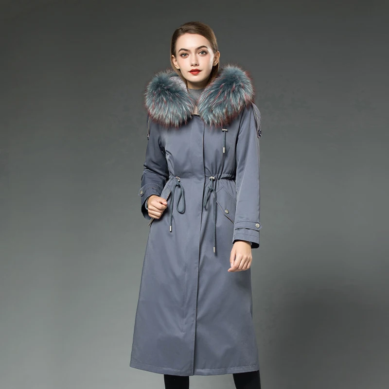 ZDFURS* Женская парка из меха кролика рекс с мехом енота с капюшоном зимний помпон из натурального меха длинная стильная ветрозащитная модная куртка - Цвет: grey