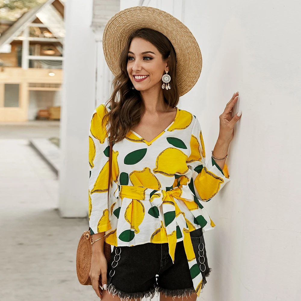 

Women Blouse 2020 Spring Summer Print V-neck Shirts Female Casual Fashion Sexy Slim Blouses Ladies Elegant Outwear Tops