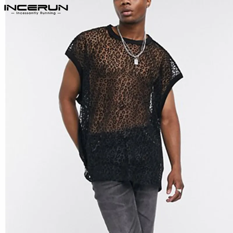 

INCERUN Men Mesh T Shirts Fashion Short Sleeve O Neck Tees Punk Style Man Transparent Leopard Printed T-Shirts Streetwear S-5XL