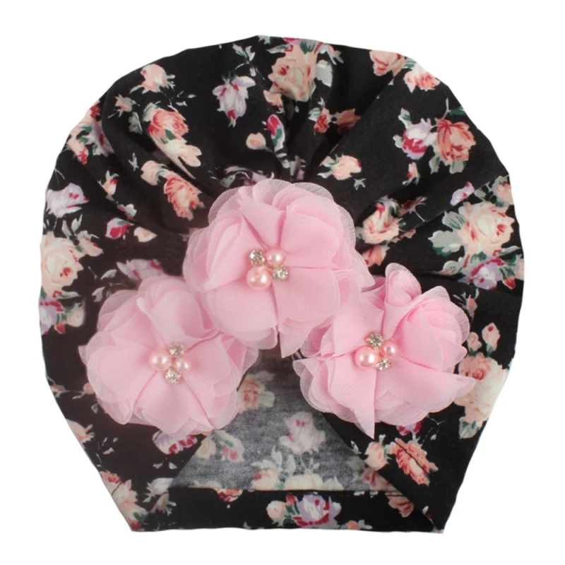 

New Infant Hat Turban Elastic Cap Autumn Soft Cute Newborn Baby Flower Pearl Design Girls Caps