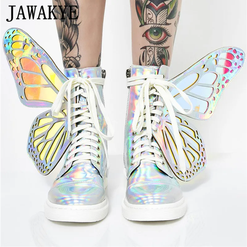 Женские кроссовки с крыльями бабочки на шнуровке платформа блестящие высокие