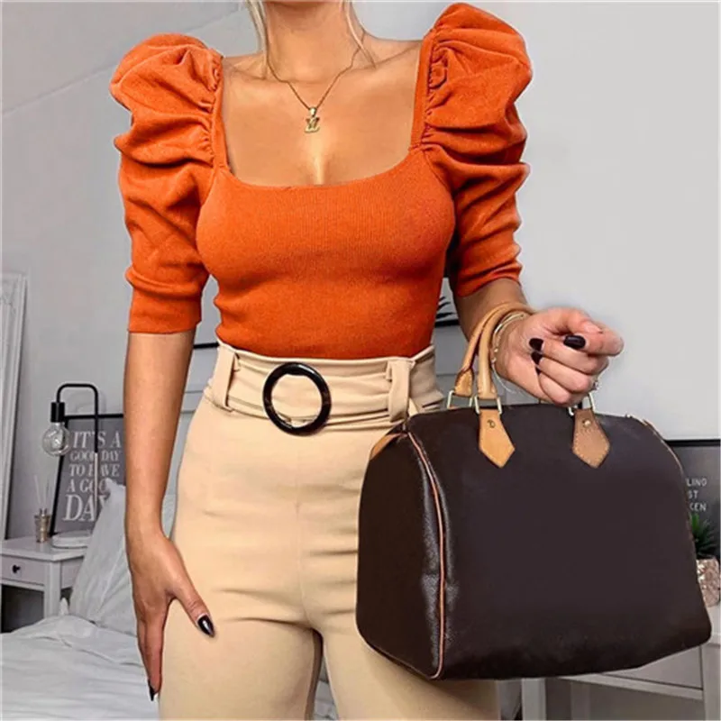 

New Casual Womens Puff Half Sleeve T-Shirt Ladies Square Neck Slim T-shirts Tops Solid Color Streetwear Women Knitted T-shirts