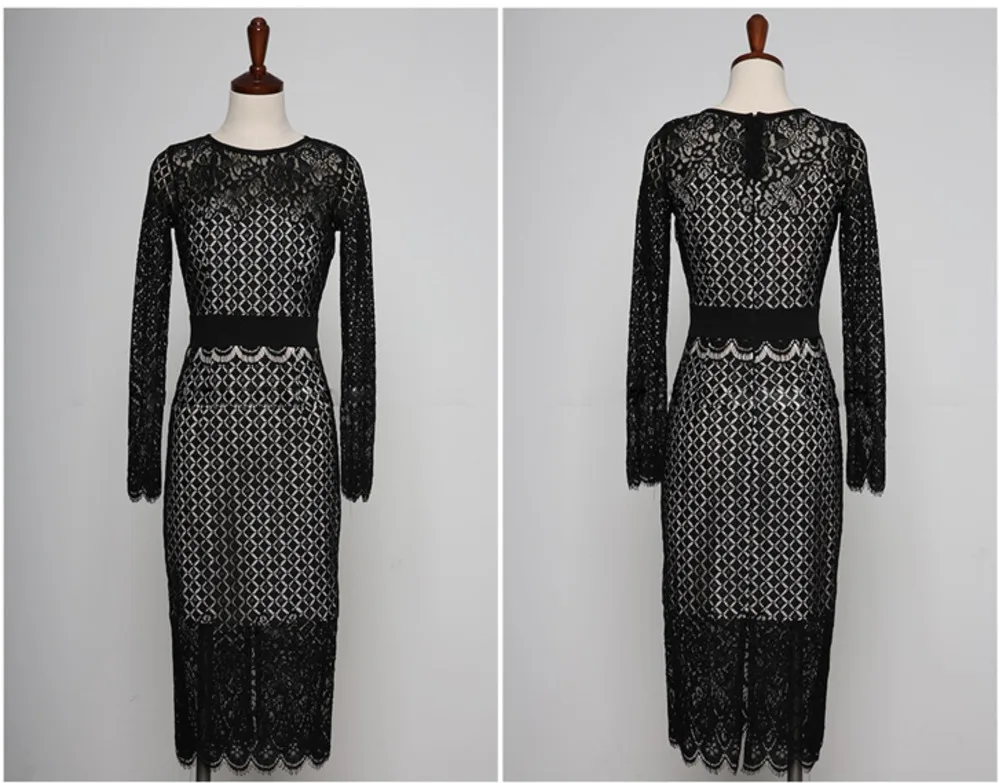 

BacklakeGirls Black Lace Dress Women Long Sleeve Hollow Out Floral Dress Plus Size XL Women Elegant Cocktail Dresses 2021 New