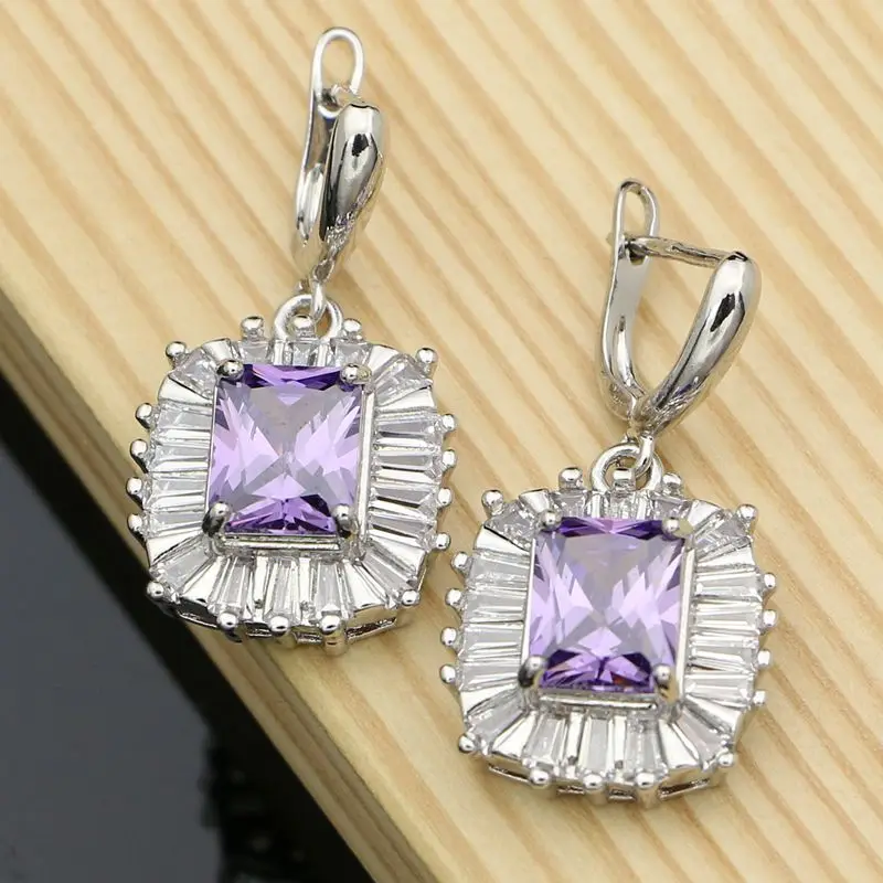 Фото Natural Purple Cubic Zirconia Drop Dangle Earrings 925 Sterling Silver Fashion Jewelry for Women Wedding Charm Earrings №1
