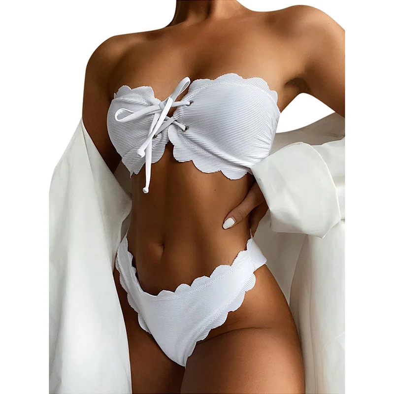 

Summer Push Up Swimwear Bikini Set Tube Top Beachwear Bathing Suits Fashion Sexy Solid Color Bow Bandage Cut Out Bikini Swimsuit