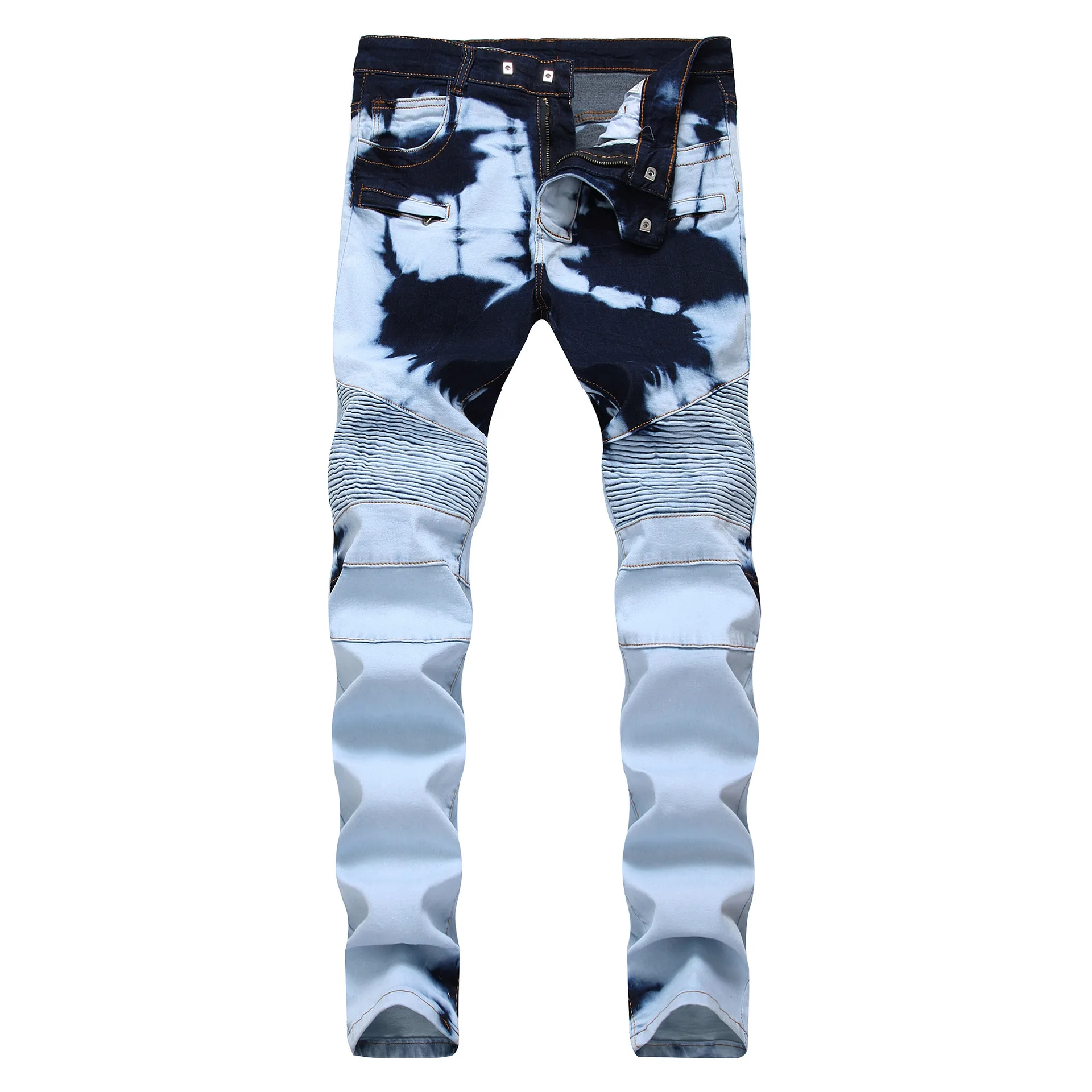 

2021 Men's White and Blue Two-Tone Motorcycle Jeans Zipper Stretch Fashion Two-Tone Ripped Denim Trousers