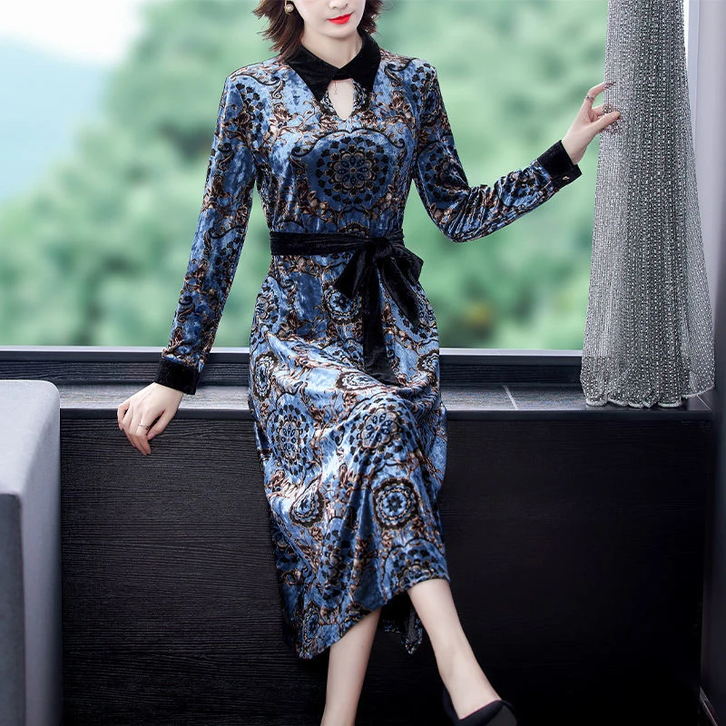 РЕТРО ПРИНТ вельветовое платье для женщин элегантные шикарные с лацканами миди