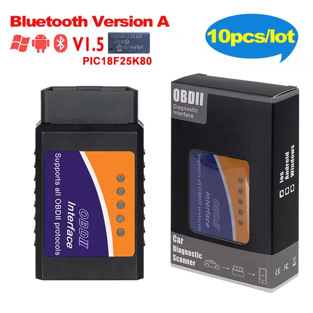 10 шт./лот ELM327 V1.5 Bluetooth/Wi-Fi чип PIC18F25K80 OBD2 сканер ELM 327 V1.5 OBDII автоматический диагностический инструмент для автомобиля 12 В - Цвет: Bluetooth Version A