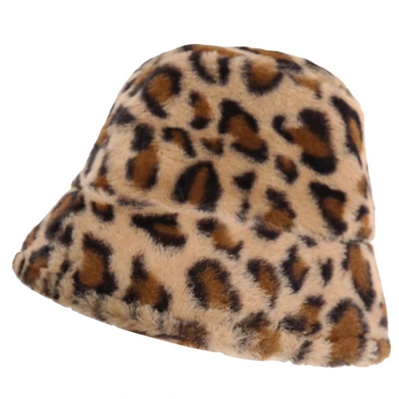 

Winter Female Bucket Hat Plush Warm Leopard Printed Fishman Hat Fashion Women Wide Brim Thick Windproof Cap
