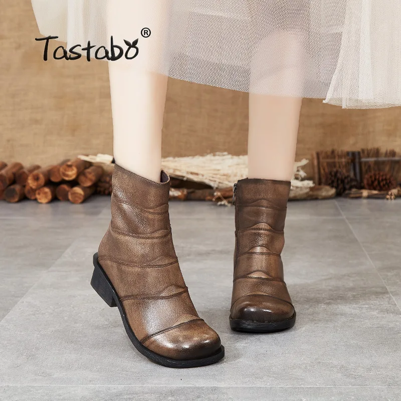 

Tastabo Genuine Leather ladies ankle boots Khaki Black S88208 Low heel daily Women's boots Retro Style Comfortable soft bottom