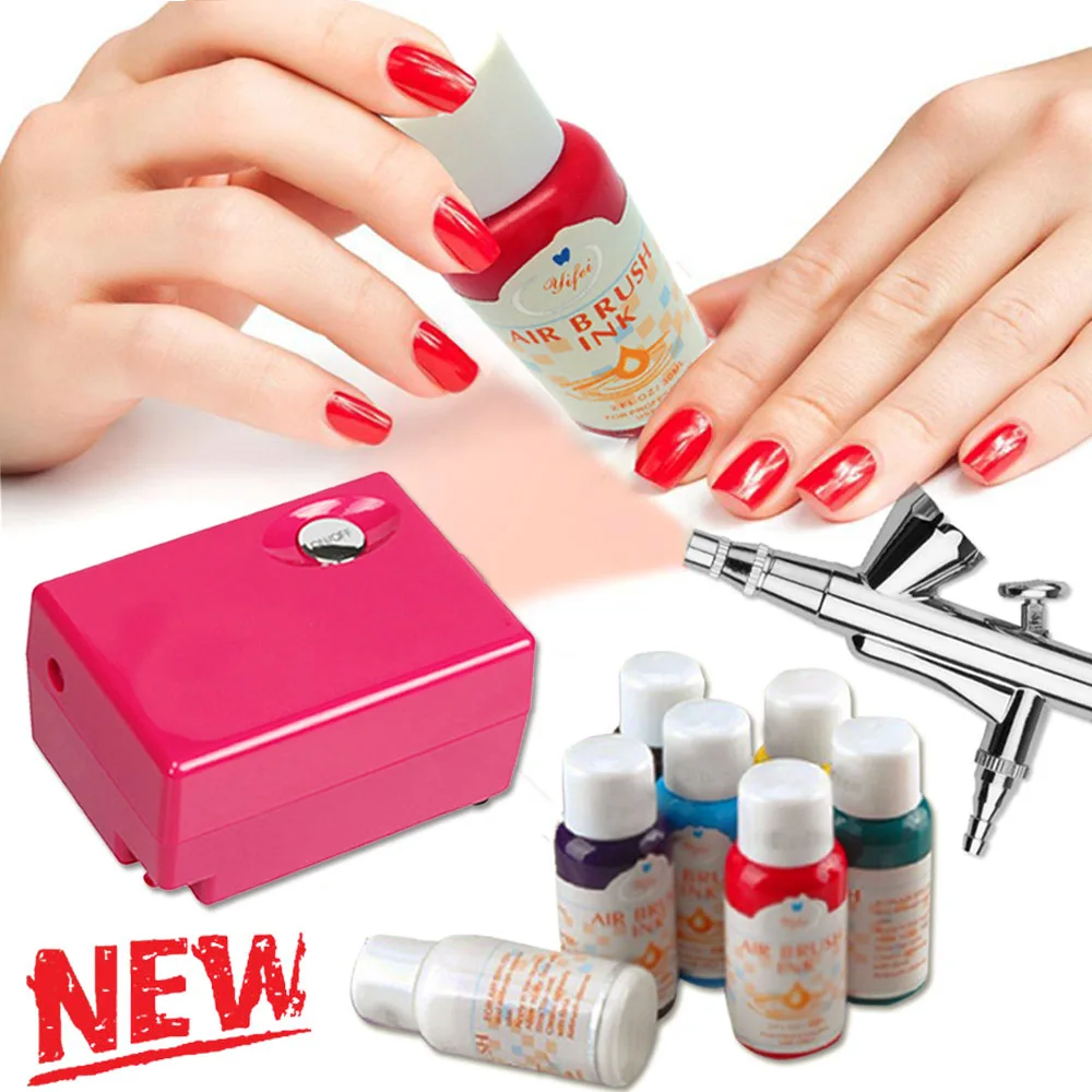 

Airbrush Kit Air Brush With Compressor Spray gun + 8 Colors Nail Inks Nail Fashion Stencil For Nail Art Tool Make up Set