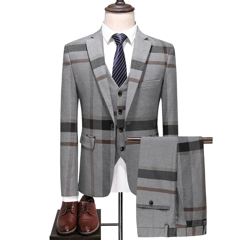 

Men's Plaid Suit Blue Gray Men's Tuxedo Nice Slim Men's Business Tuxedo Wedding Dress Men Classic Suit Formal Jacket Pants Vest