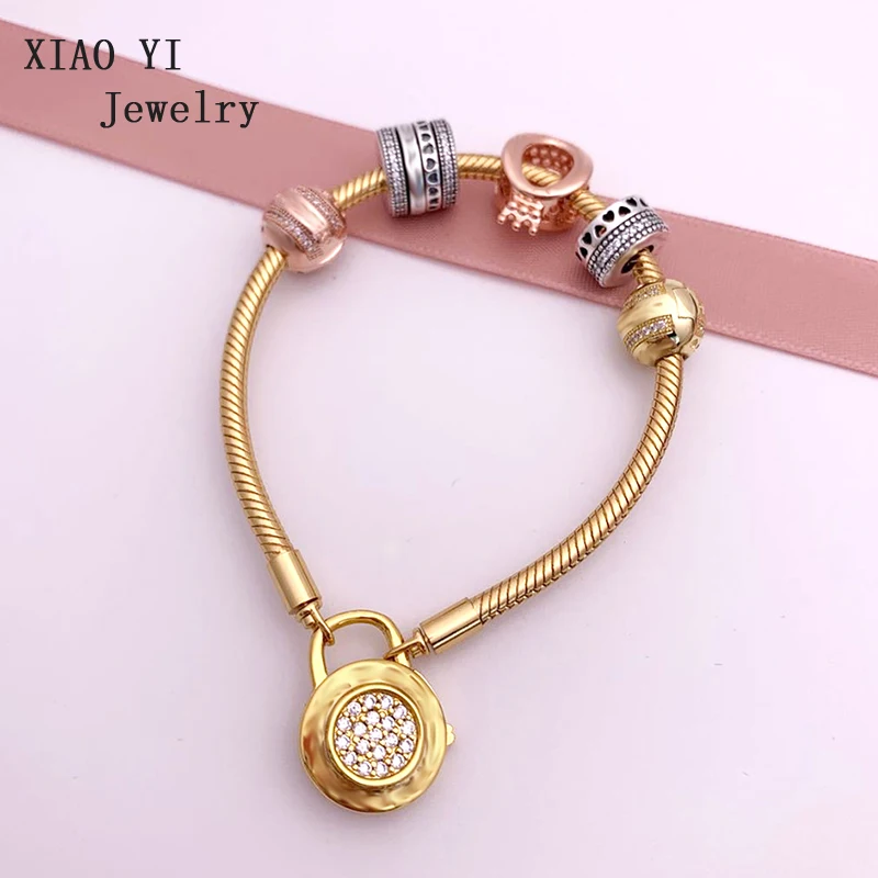 XIAOYI, 925 пробы, серебряный шарм, Пандоры, Стерлинговое Серебро, сверкающая Корона, O, розовое сердце, к сердцу, браслет на застежке, подарок