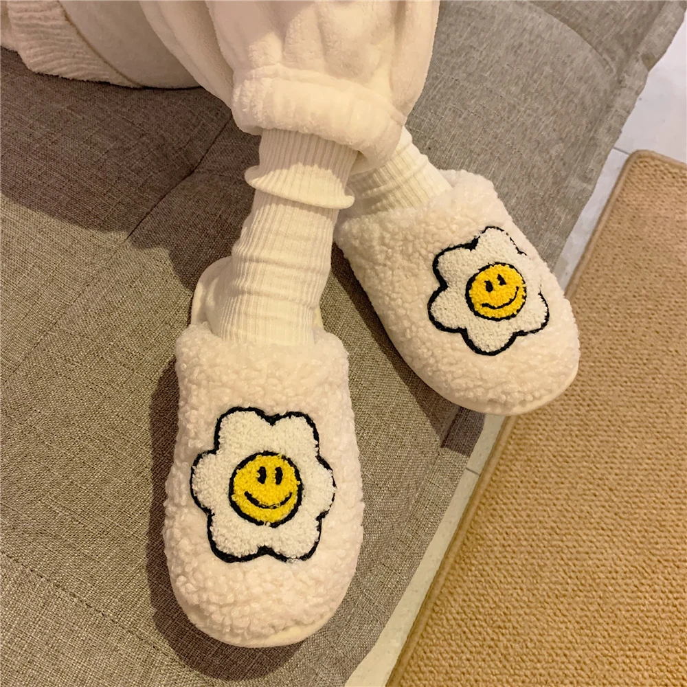 

New Winter Girl's Heart Sunflower Cotton Slippers Soft Bottom Home Indoor Non-slip Warmth Plush Confinement Shoes Female Cute an