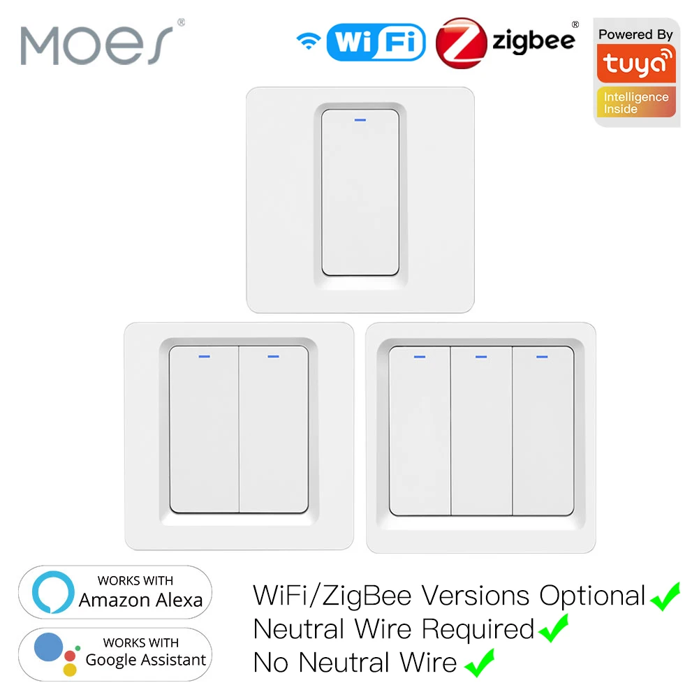 

WiFi ZigBee Smart Push Button Switch No Neutral Required Smart Life Tuya APP Alexa Google Home Voice Control 2/3 Way EU UK