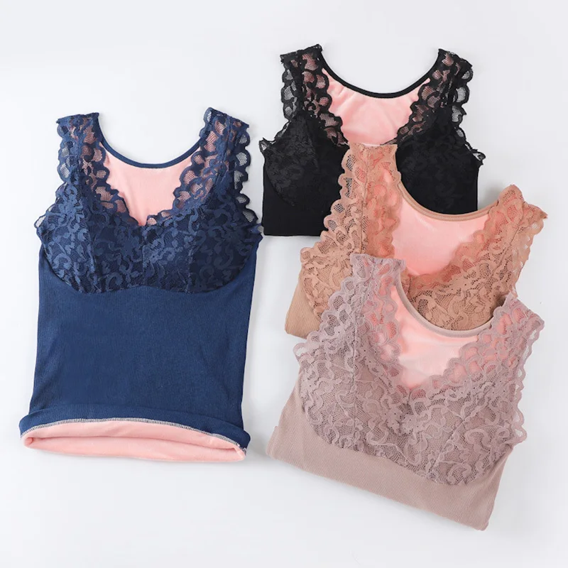 

2020 Women Fleece Lined Bottoming Underwear Tops With Padded Ladies Lace Decor Bra Tank Top Underwear Camiseta Interior Mujer