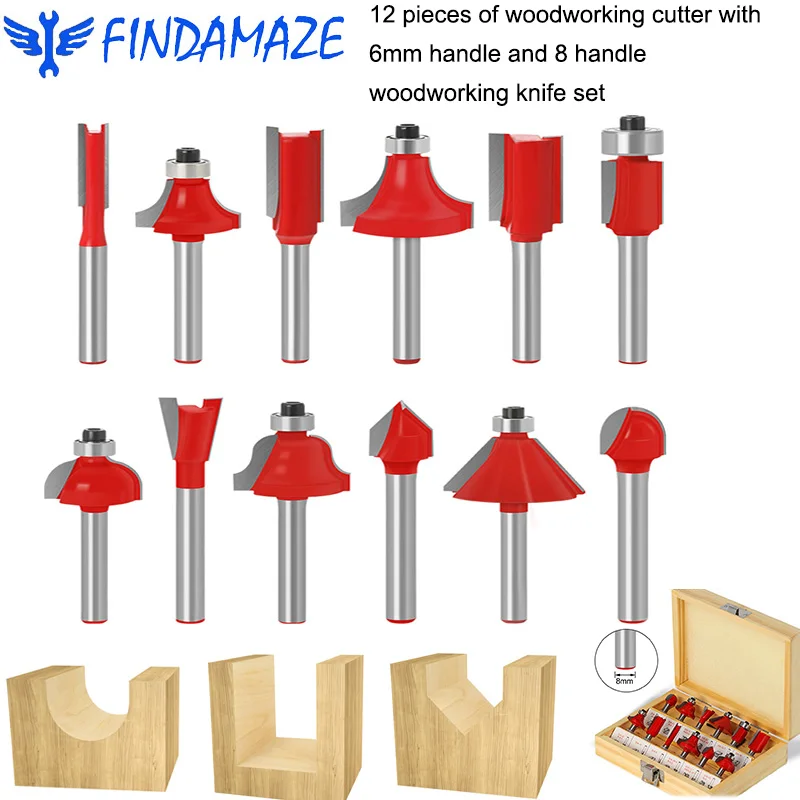 

For Woodworking 12 Pieces of Milling Cutter Router Bit Set 6 8mm Shank Carbide Wood Trimming and Engraving Chamfering Tool