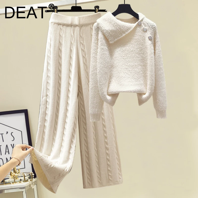 

Женский вязаный свитер с высокой талией DEAT, Свободные шерстяные брюки с широкими штанинами в Корейском стиле, комплект из двух предметов, Ос...