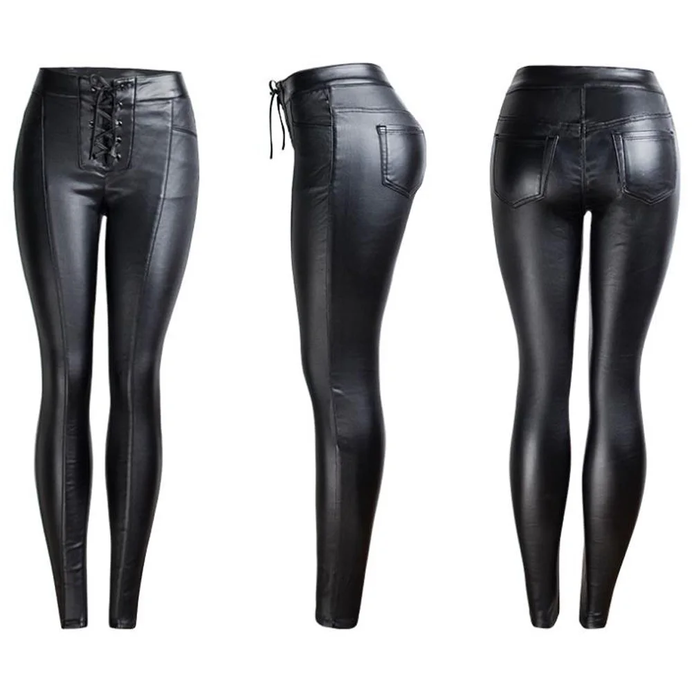 Джинсовые кожаные брюки с завышенной талией женские облегающие узкие завязками