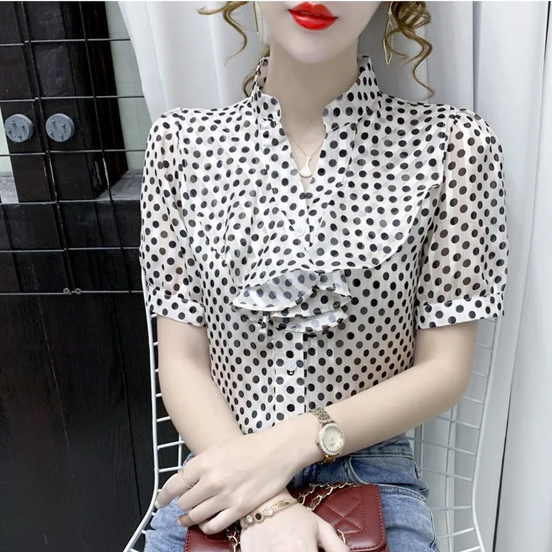

Women's Shirt Polka Dot Ruffles Blouse for Women Short Sleeve Oversize Shirts White Dot Stand Neck Blouse Top Female Basic Shirt