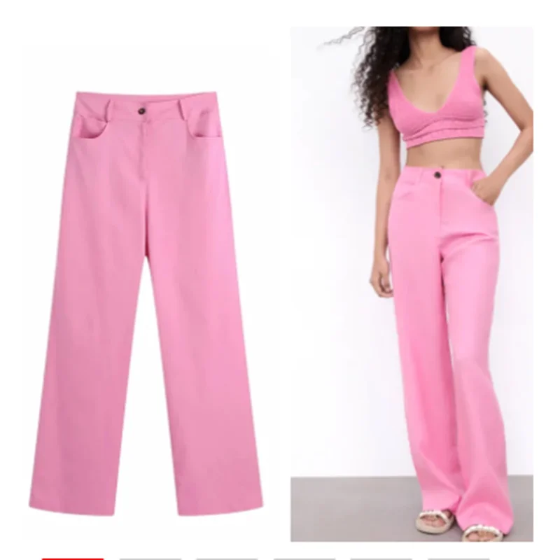 

High Waist Pants Za 2021 Wide Leg Trousers Women Linen Pink Pants Woman Fashion Streetwear Pants Women's Summer Trousers