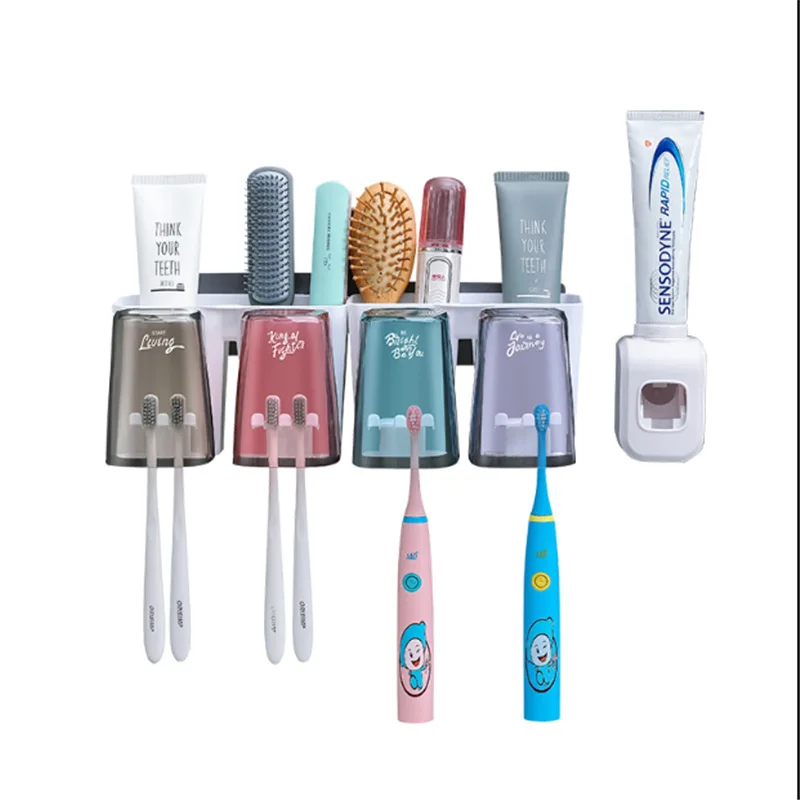 

Automatic Toothpaste Dispenser Wall Mount Dust-Proof Toothbrush Holder Suspension Bathroom Supplies Accessories Mouth Cup Suit