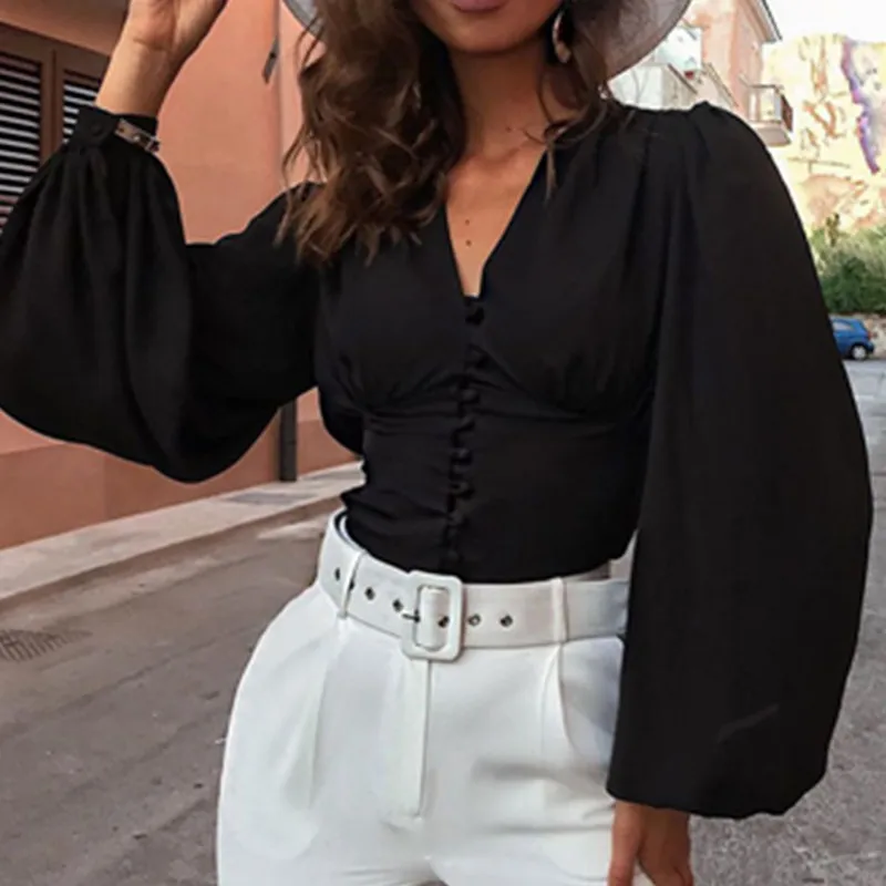 

Blouses Woman 2022 Sexy Deep V-Neck Black Button Lantern Long Sleeve Slim Fashion Autumn New Elegant Lady Shirt Top