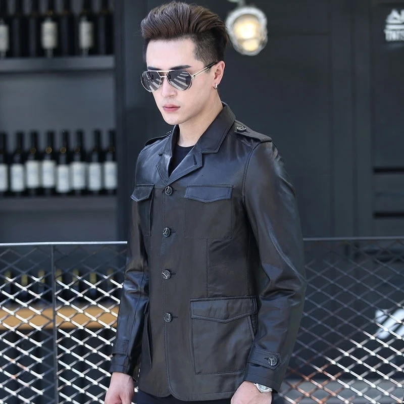 Мужской облегающий блейзер из козьей кожи демисезонный жакет натуральной