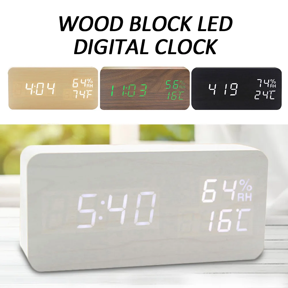 

Wood Block LED Digital Clock Adjustable Smart Night Lights Fashion Multifunction Electronic Alarm Clocks Desk Clocks