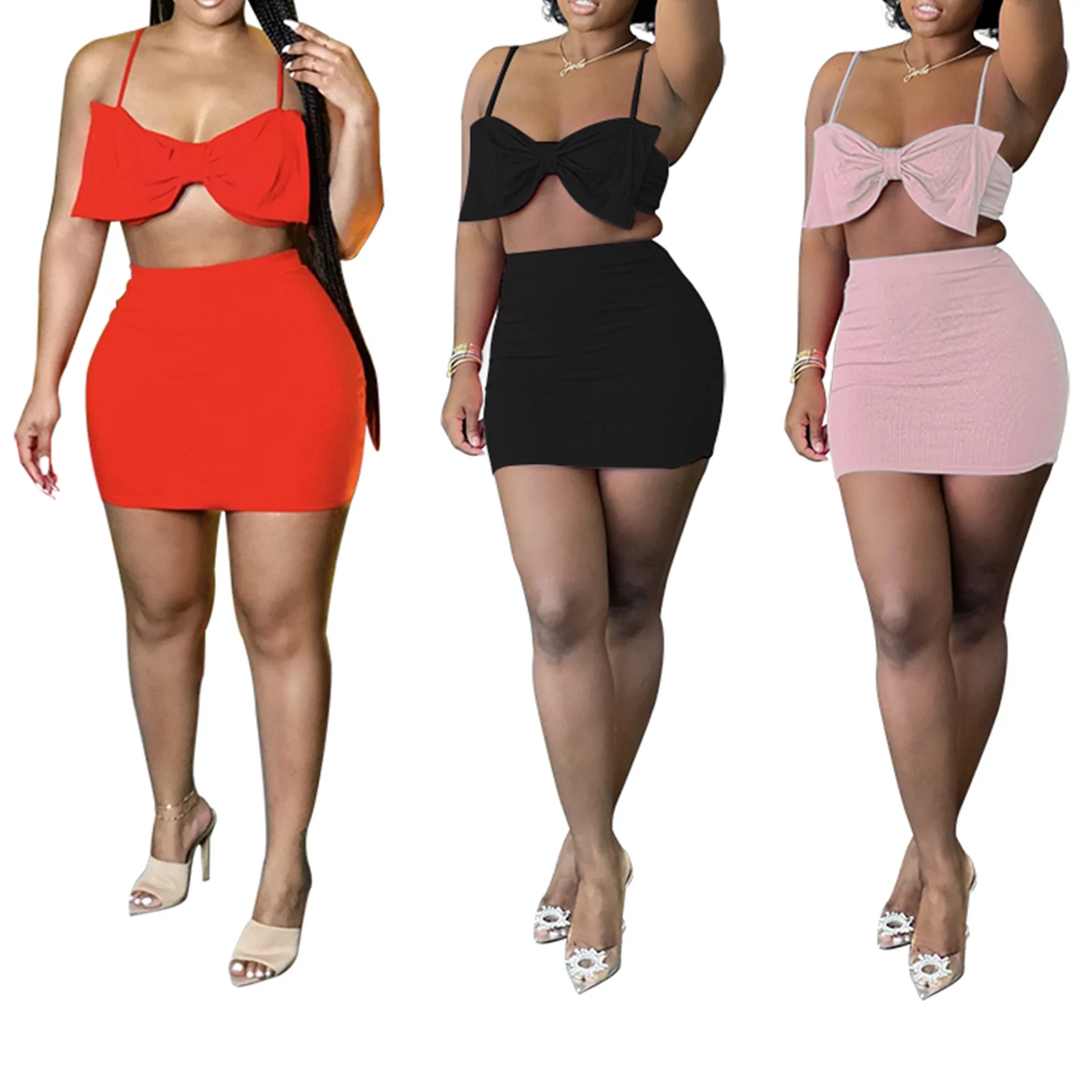 

2Pcs Women Summer Outfits, Solid Color Bowknot Crop Tops + High-Waist Miniskirt Suit for Girls, Black/Pink/Red