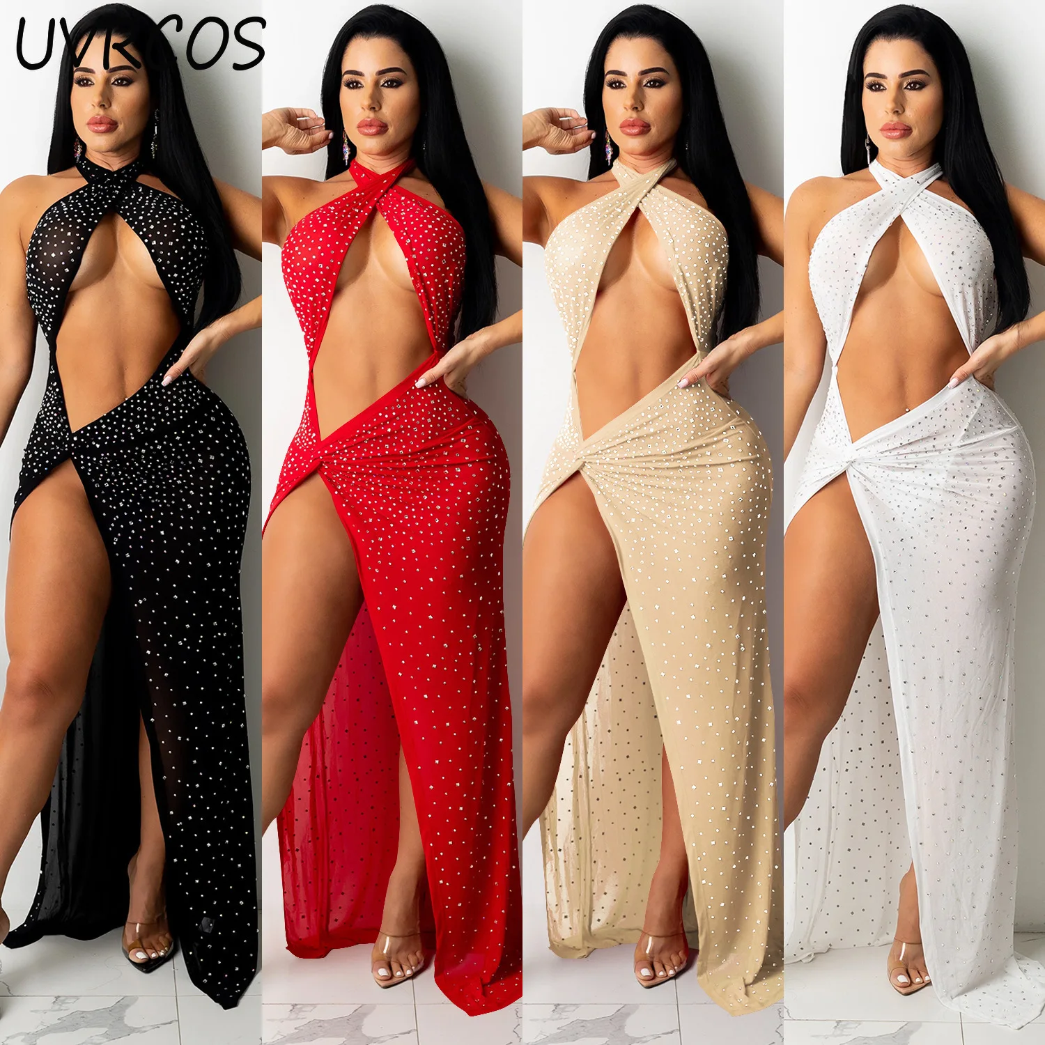 

New 2021 Sexy Hollow Out Diamonds Mesh See-Through Backless Cut Out Halter Maxi Dresses Women Wrap Chest Slit Nightclub Dress