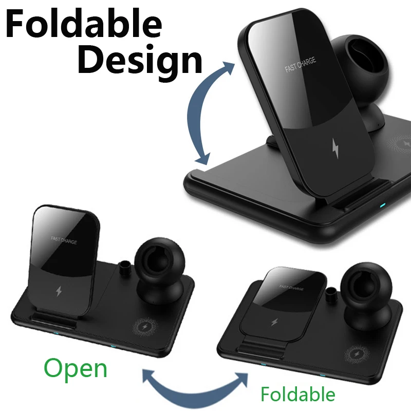 

15W 4 in 1 Wireless Charger Stand For iPhone 12 11 XR XS X Apple Watch 6 5 4 Foldable Fast Charging Dock Station for Airpods Pro