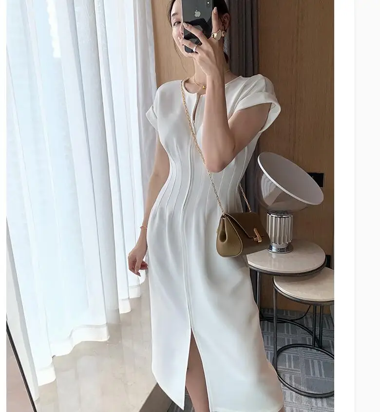 

2021 Women Fashion White Short Sleeve Mid-calf Dress