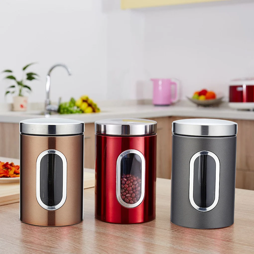 

Kitchen Canister Stainless Steel Grain Storage Container Visible Tea Coffee Jar with Lid, Red