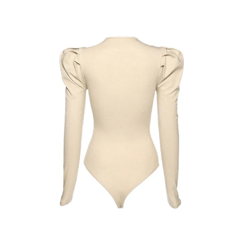

Women Basic Romper Fall Casual Long Puff Sleeve Solid Ribbed One-Piece Leotard Tops O Neck Stretch Bodysuits Jumpsuits Overalls
