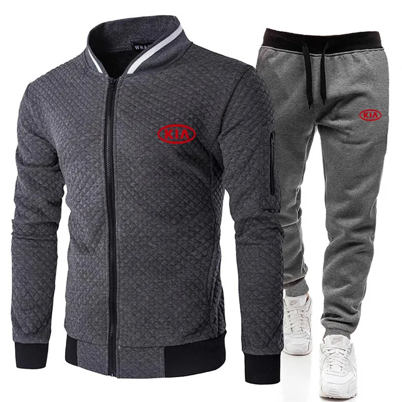 

2021 fashion sports KIA logo brand printing zipper shirt + trousers suit men's clothing slim sportswear 2-piece set